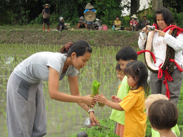 Panyaden School Nursery & K1 teacher showing rice plant to students