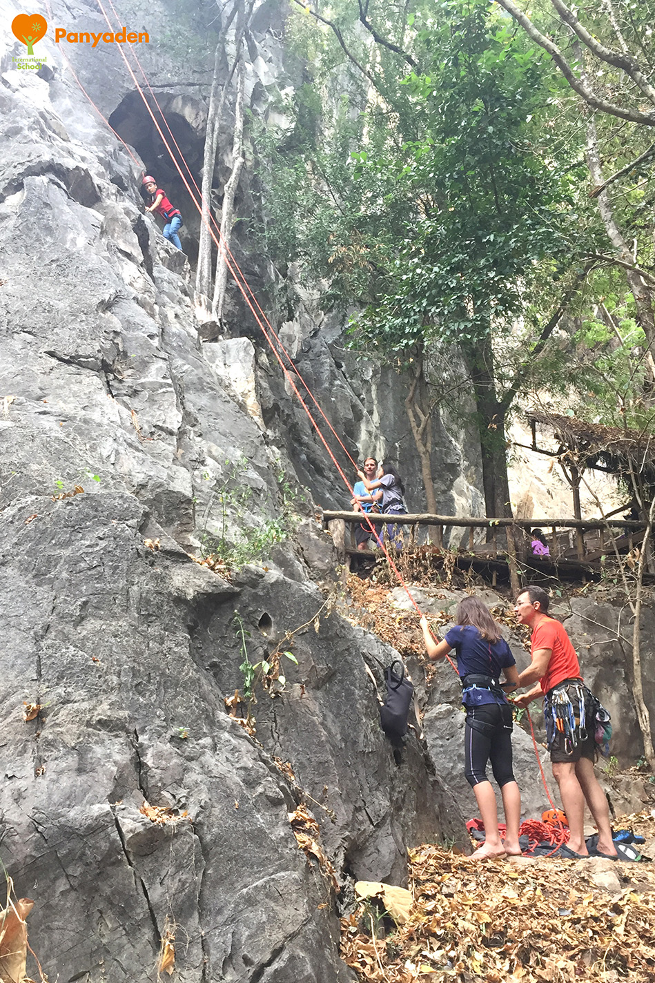 Panyaden Y7 rock climbing - student gets ready to climb